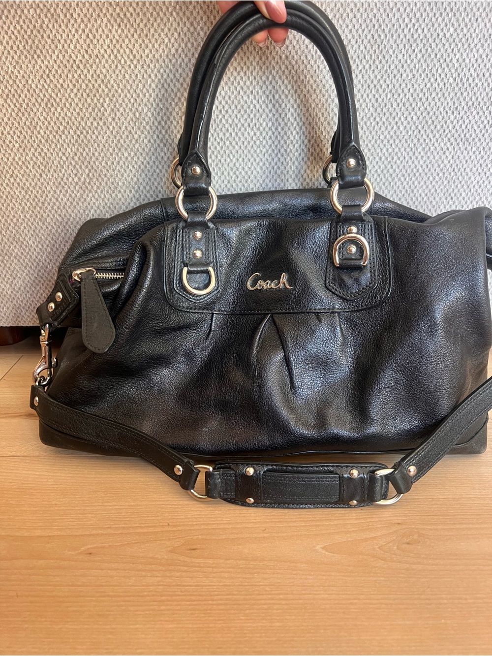 Coach Black Leather Shoulder Satchel with Silver Hardware